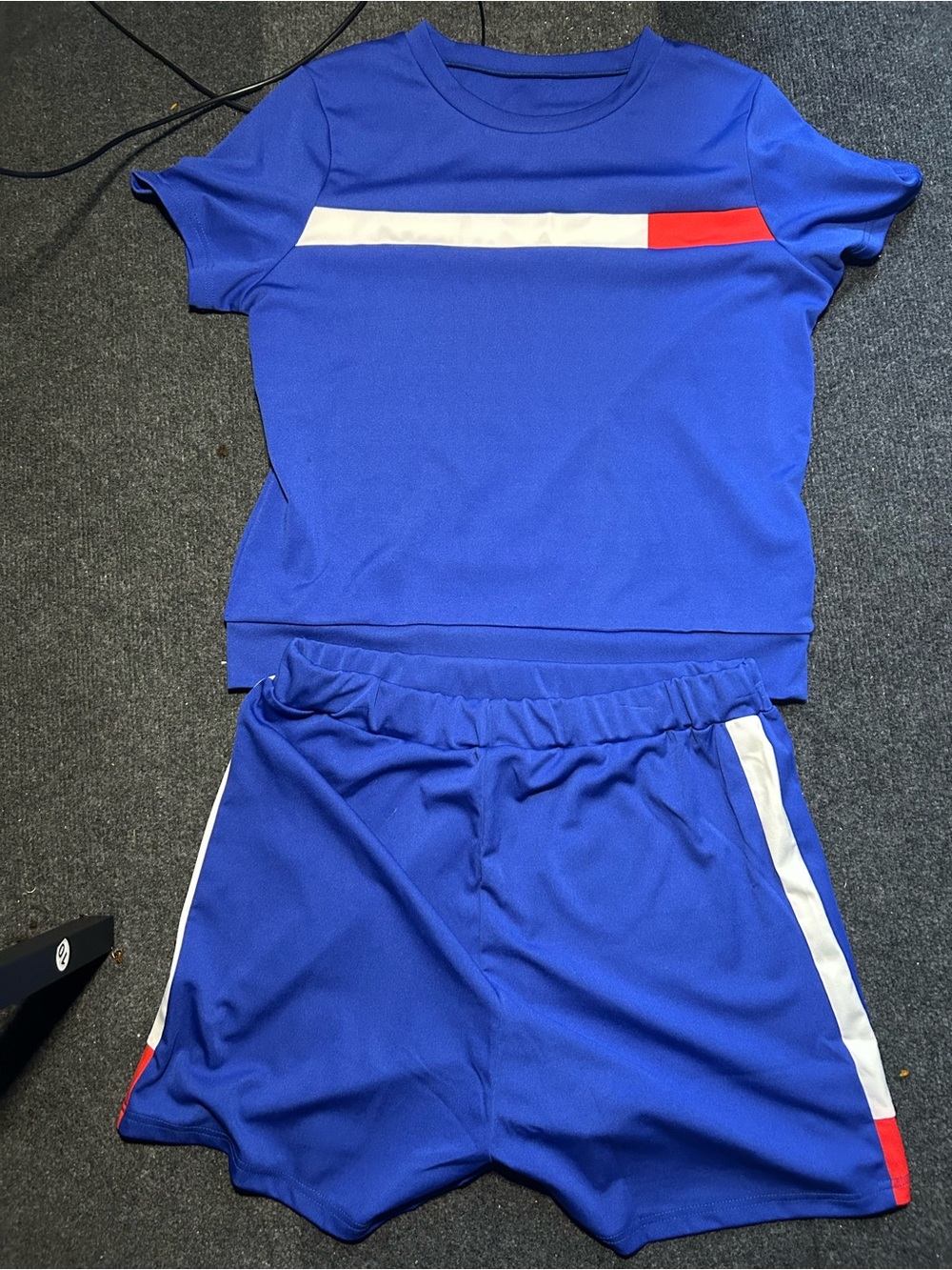 Blue Two-Piece Athletic Set with White and Red Accents